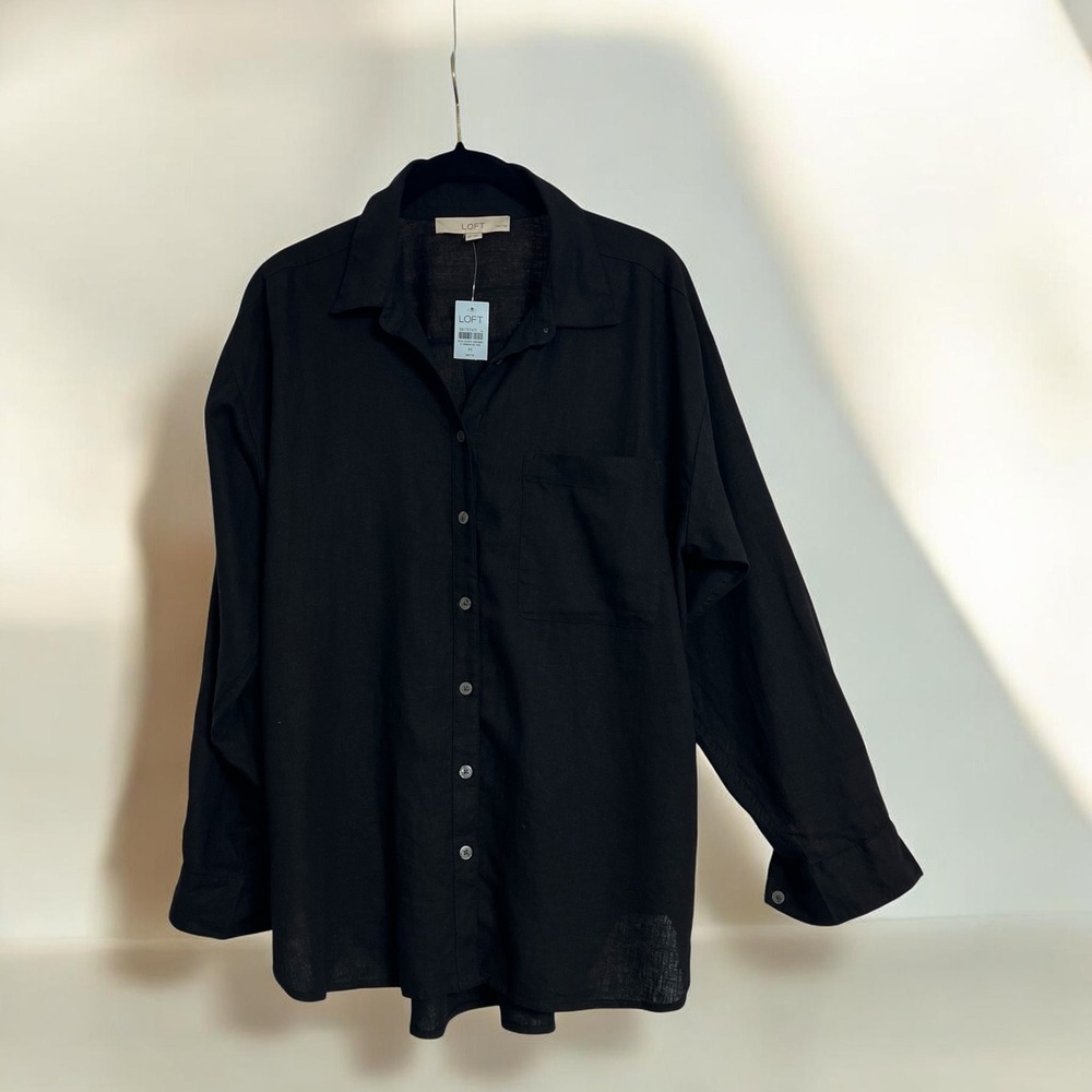 LOFT Petites Linen Blend Button Down Black Shirt Long Sleeve Size MP NWT